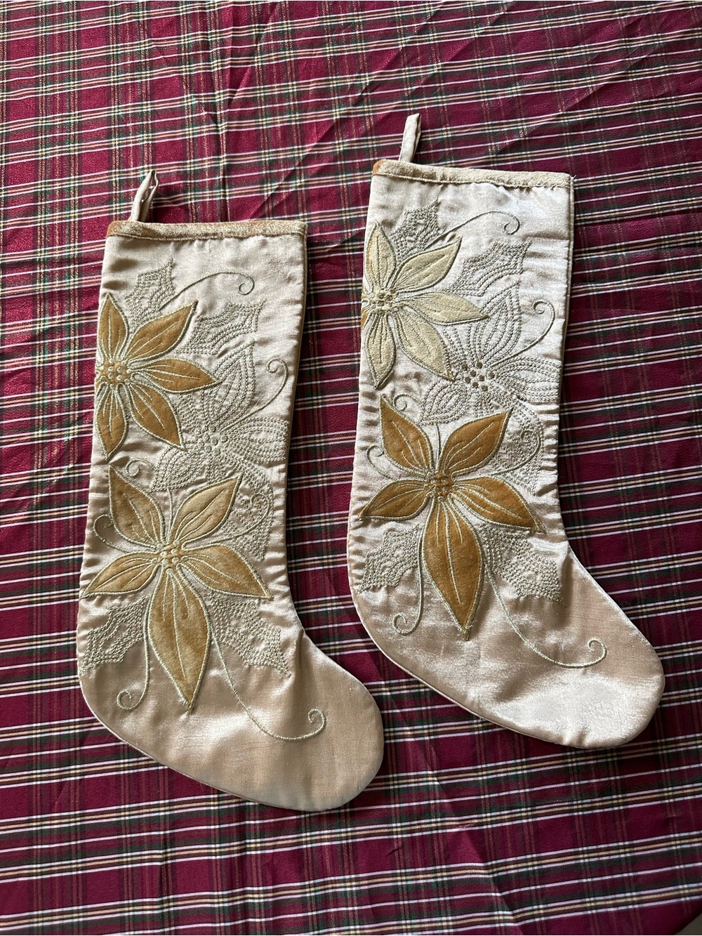 Vintage Gold Floral Embroidered Holiday Stockings - Set of 2